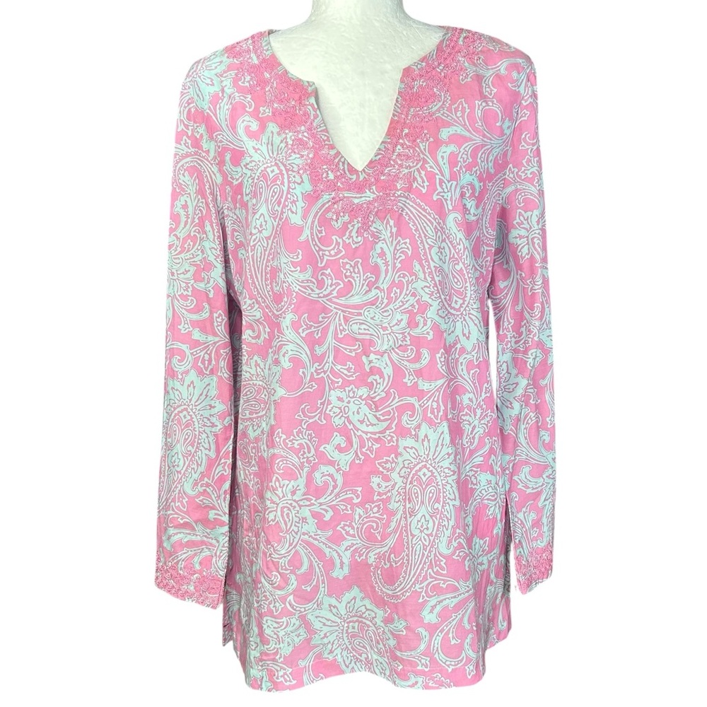 J. Mclaughlin Silk Blend Top M Pop Over Bell Sleeves Embroidered Coastal - Picture 2 of 10